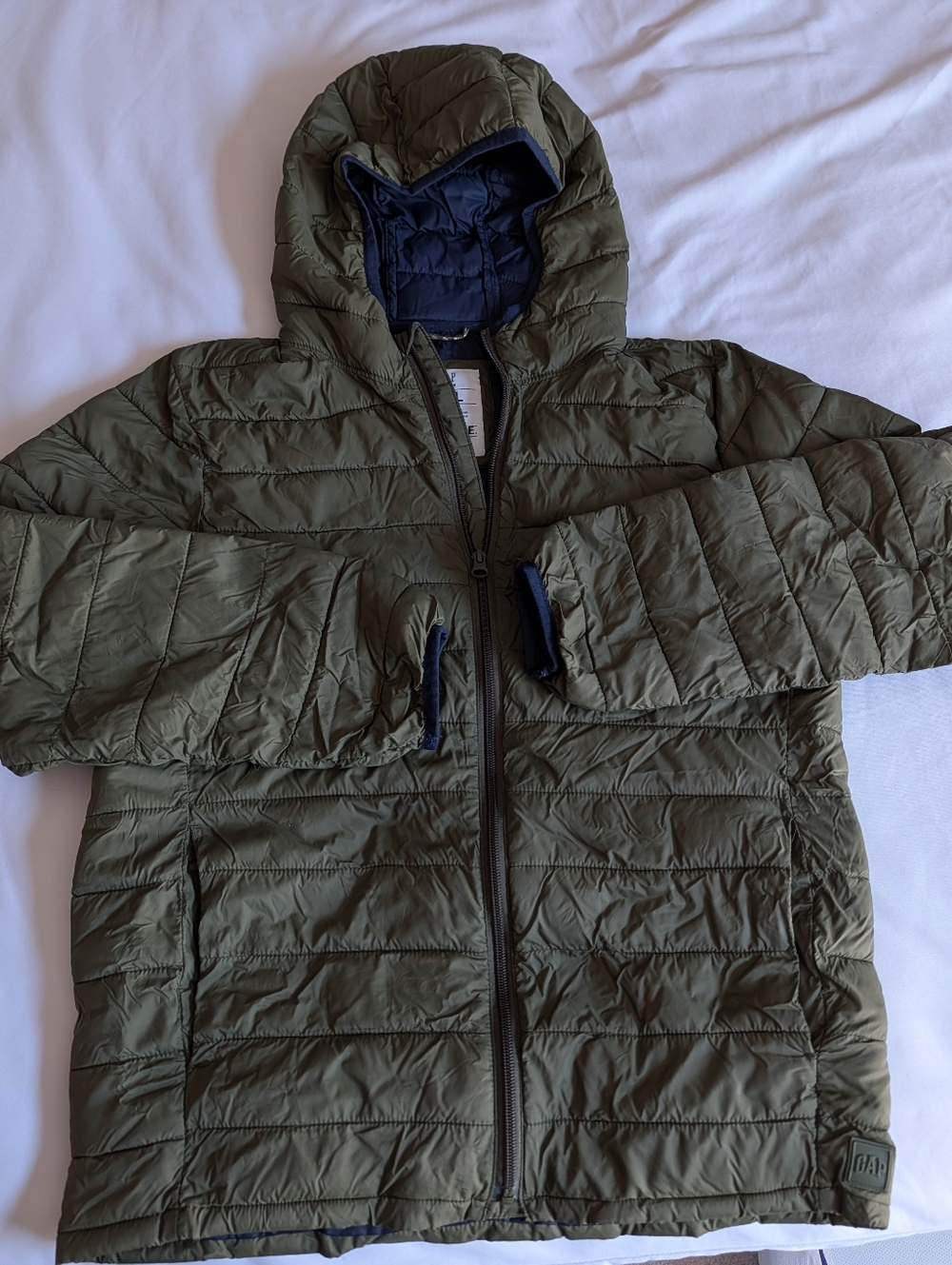 GAP Olive Green Quilted Hooded Puffer with Navy Trim